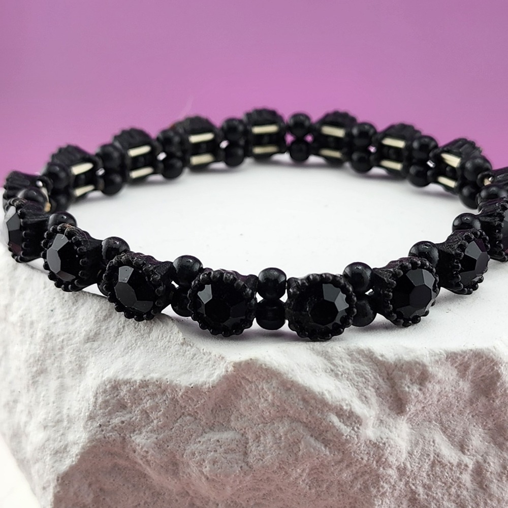 Black Rhinestone Beaded Bracelet Faceted Crystal Goth Stretch Statement Jewelry